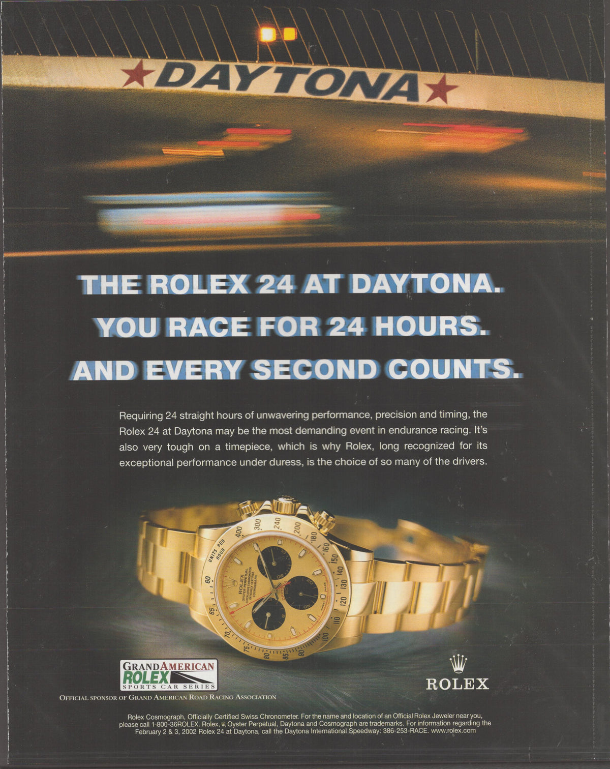 Vintage 2002 Rolex Daytona Cosmograph original print advertisement, gold Rolex Daytona watch against dark background with blurred race cars beneath Daytona pit lane signage