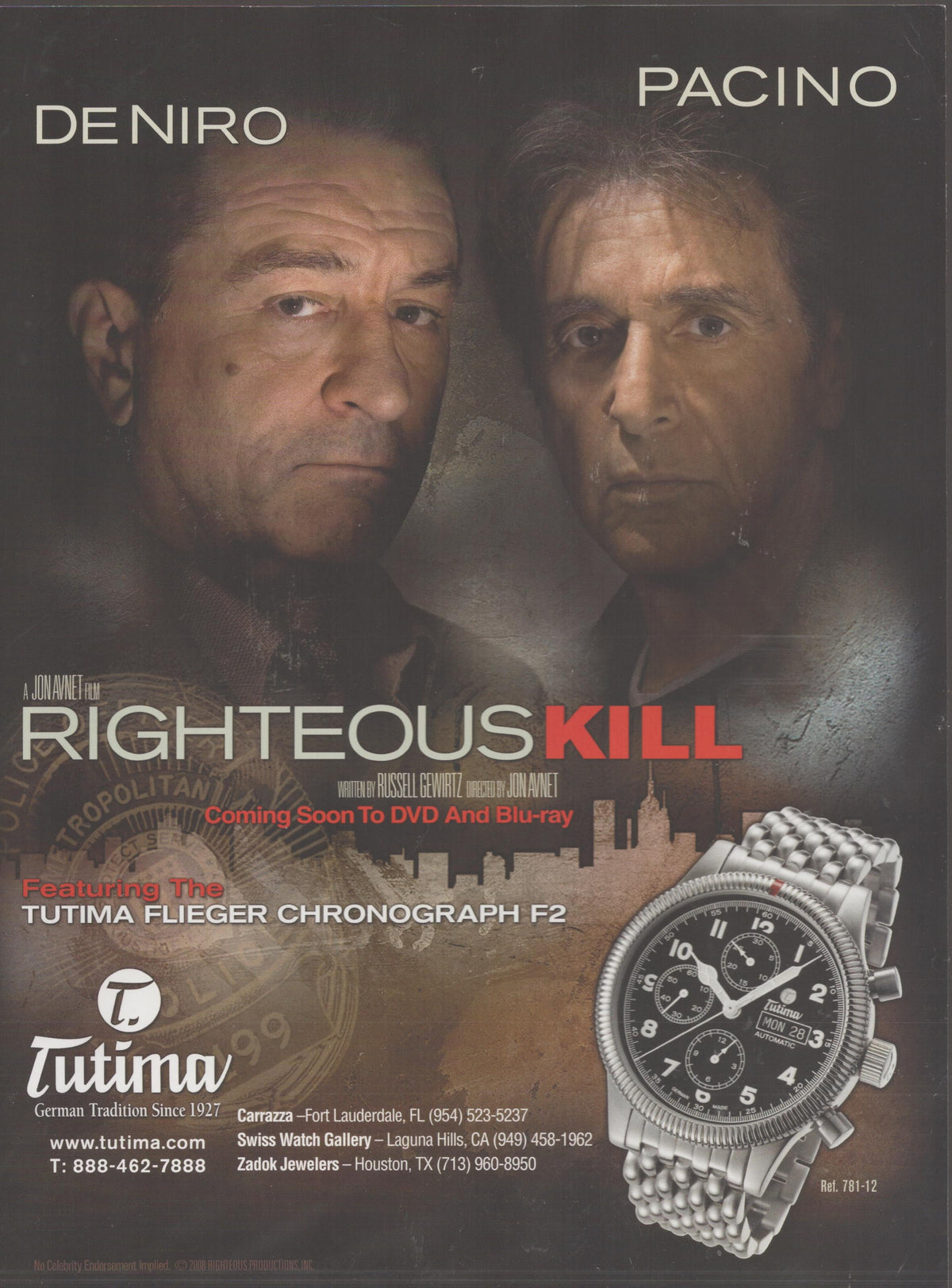 Vintage 2008 Tutima Flieger Chronograph F2 original print advertisement, featuring Robert De Niro and Al Pacino in a dark cinematic Righteous Kill movie tie-in with the Ref. 781-12 watch prominently displayed