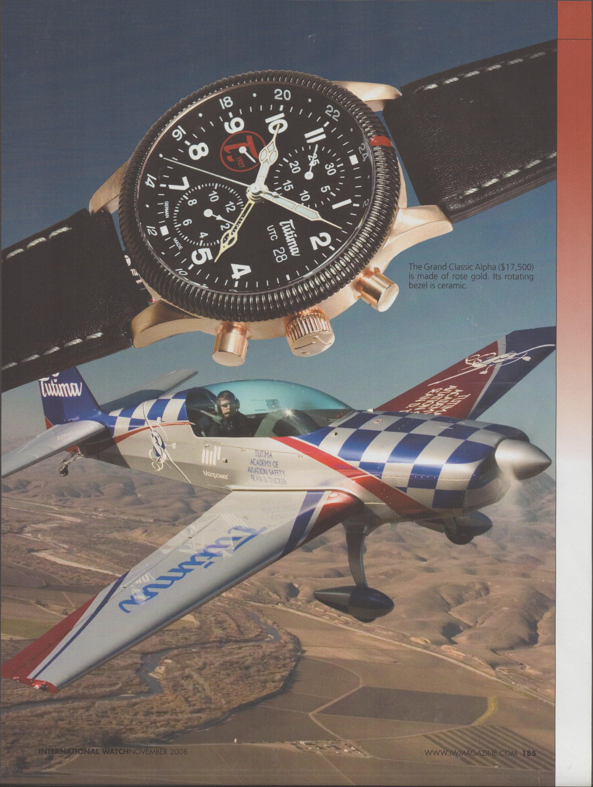 Vintage 2008 Tutima Grand Classic Alpha UTC original print advertisement, rose gold pilot chronograph over checkered aerobatic aircraft in flight