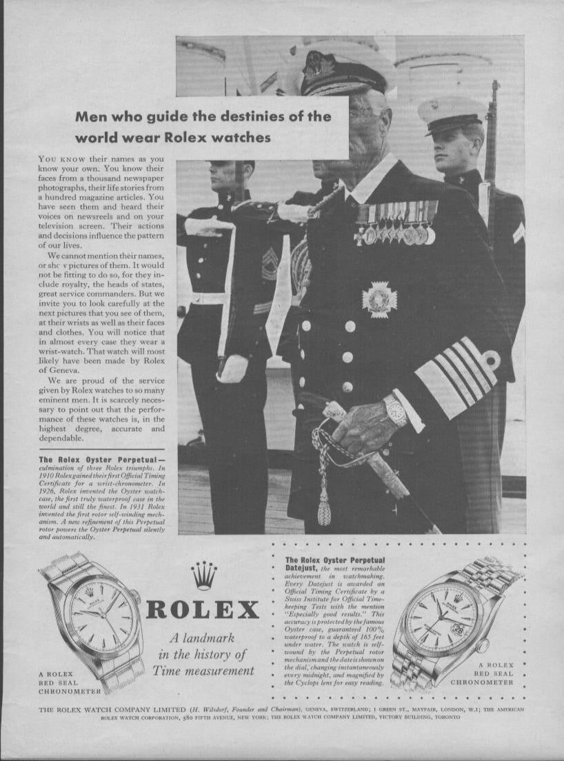 Vintage 1950s Rolex Oyster Perpetual Datejust original print advertisement, black and white image of decorated military commanders in ceremonial uniform with headline 'Men Who Guide the Destinies of the World Wear Rolex Watches'
