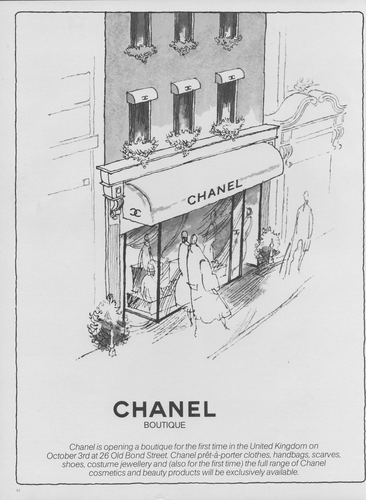 Vintage 1976 Chanel Boutique original print advertisement, pen-and-ink illustration of the Chanel Old Bond Street London storefront with shoppers and iconic CC logo awning