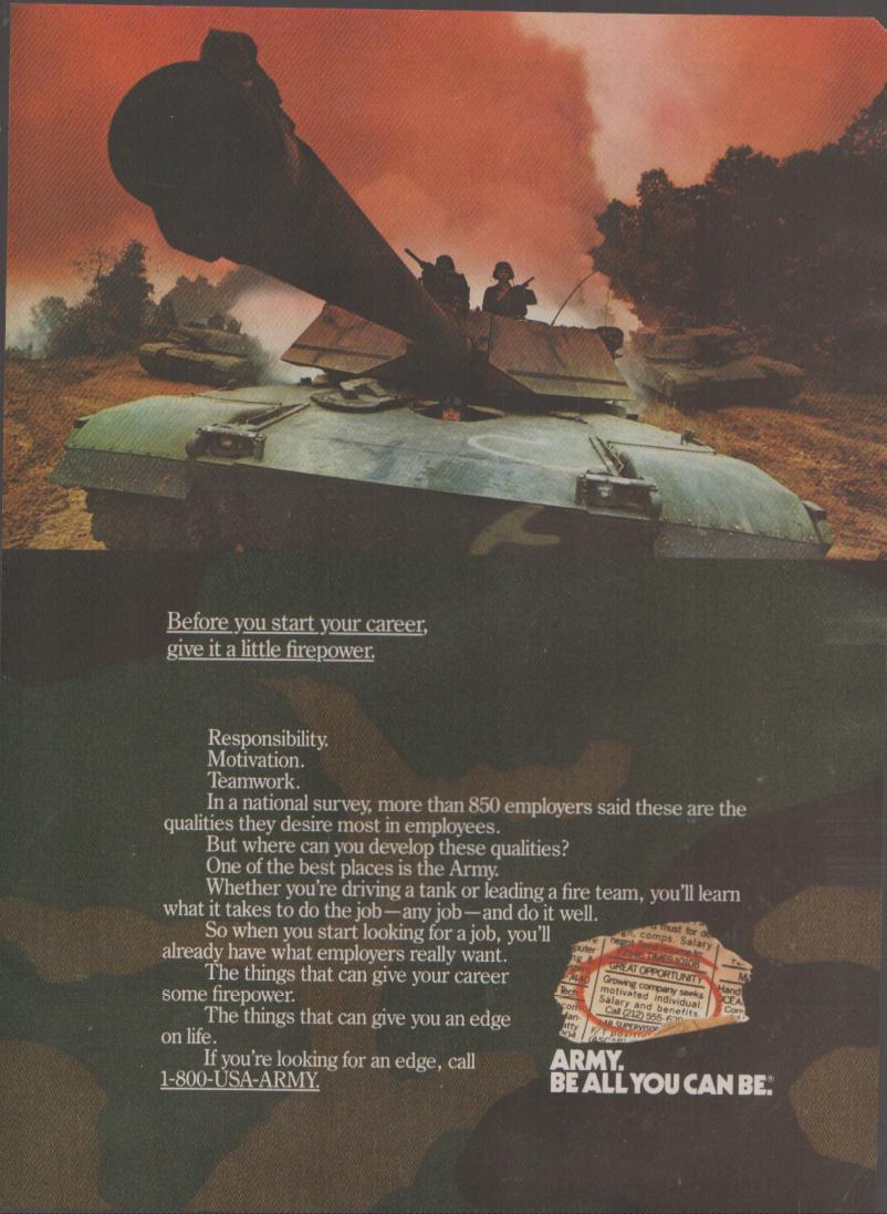Vintage 1980s U.S. Army 'Be All You Can Be' original print advertisement, dramatic color photo of M60 battle tank with soldiers in smoky battlefield, military recruiting ad