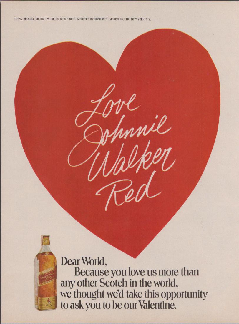 Vintage 1970s Johnnie Walker Red Label original print advertisement, bold red heart with cursive 'Love Johnnie Walker Red' script and bottle below on cream background