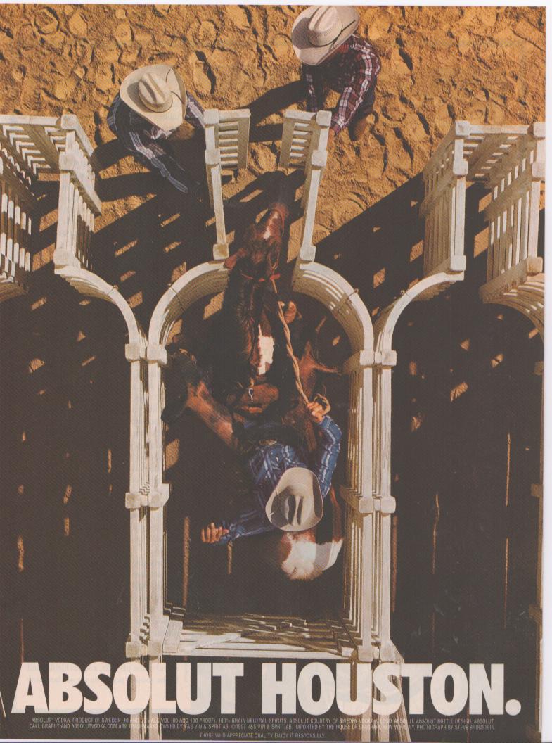 Vintage 1990s Absolut Houston original print advertisement, aerial view of cowboys on a rodeo chute forming the shape of an Absolut bottle