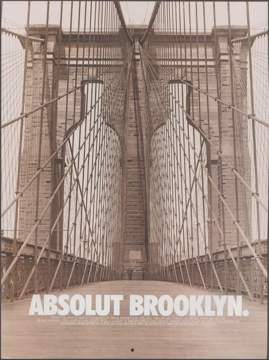 Vintage 1994 Absolut Brooklyn Vodka original print advertisement, sepia-toned photograph of Brooklyn Bridge towers and suspension cables with bold white Absolut Brooklyn headline