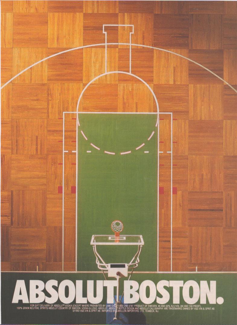 Vintage 1993 Absolut Boston original print advertisement, aerial view of basketball court with parquet floor shaped as Absolut vodka bottle