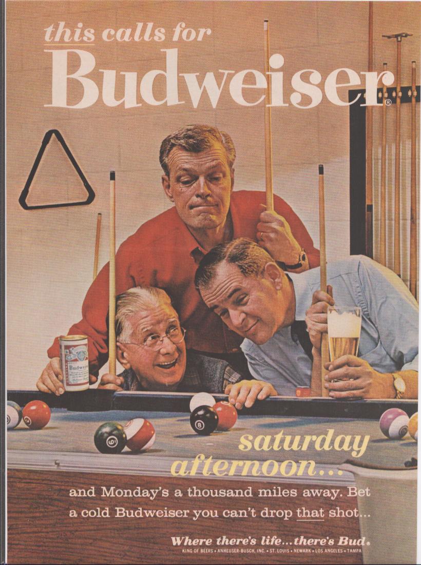 Vintage 1960s Budweiser beer original print advertisement, three men leaning over a pool table with cue sticks, holding a Budweiser can and glass of beer, 'This Calls For Budweiser' headline