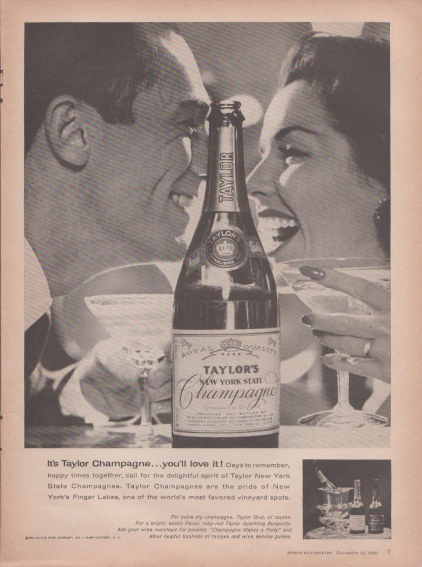 Vintage 1960 Taylor New York State Champagne original print advertisement, black and white image of romantic couple with champagne bottle and glasses in foreground
