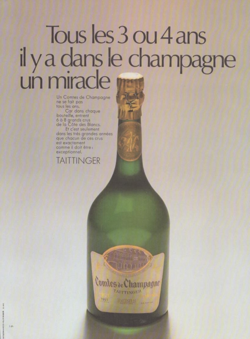 Vintage 1961 Taittinger Comtes de Champagne original print advertisement, green bottle centered against warm neutral background with bold French headline