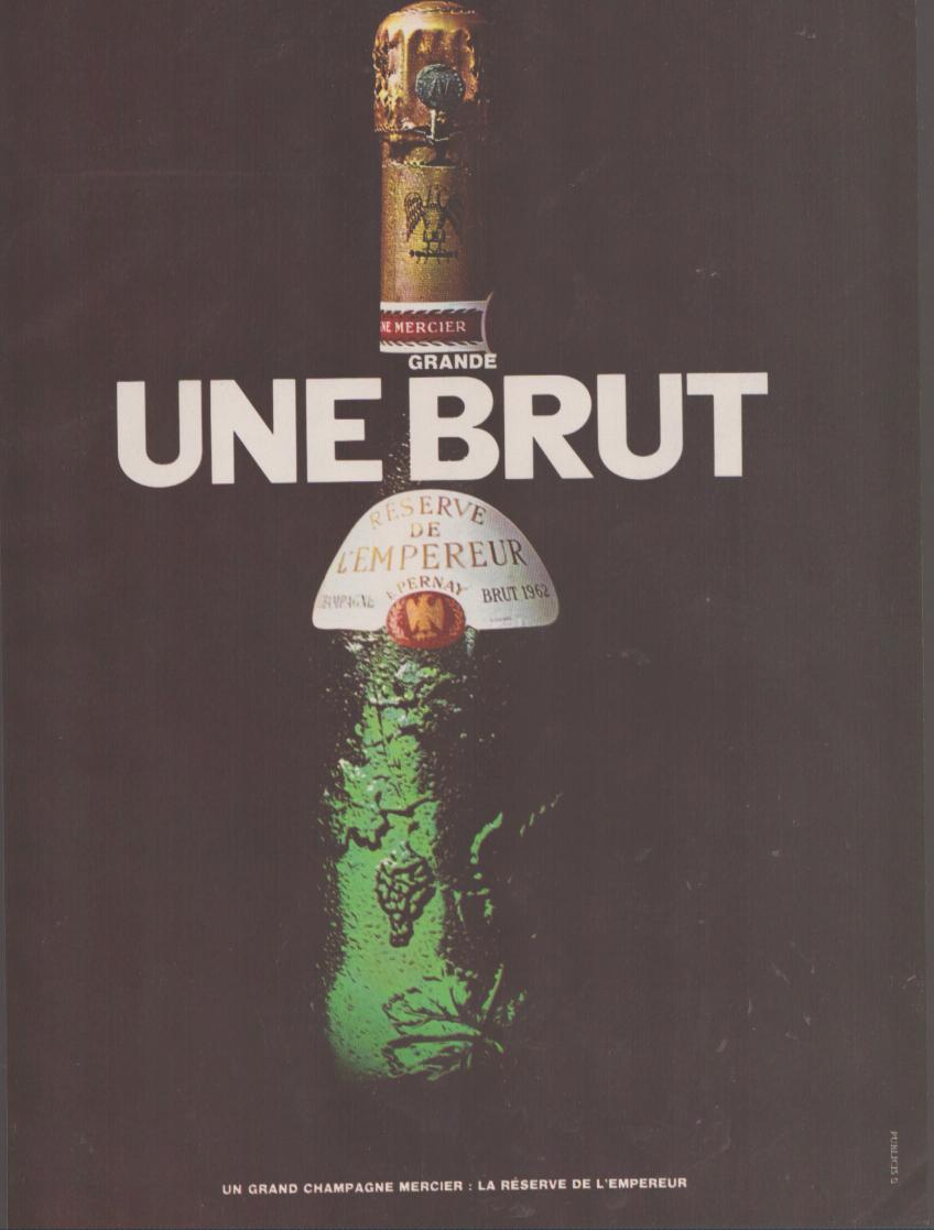 Vintage 1962 Mercier Champagne Réserve de l'Empereur original print advertisement, frost-covered green bottle against dark background with bold white 'Une Brut' typography
