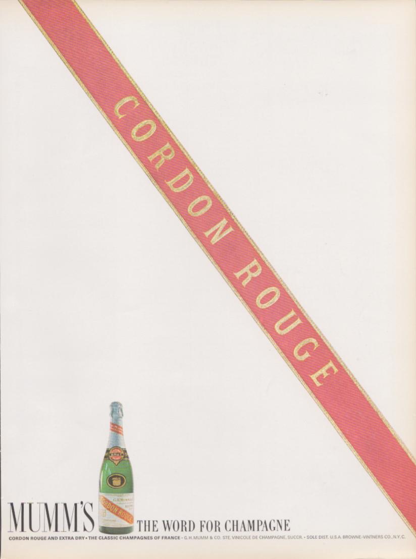Vintage 1960s Mumm's Cordon Rouge original print advertisement, bold diagonal red-and-gold sash across white background with green champagne bottle and tagline 'The Word for Champagne'