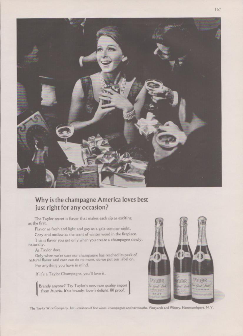 Vintage 1960s Taylor New York State Champagne original print advertisement, black and white party scene with glamorous woman holding champagne coupe surrounded by gifts and guests