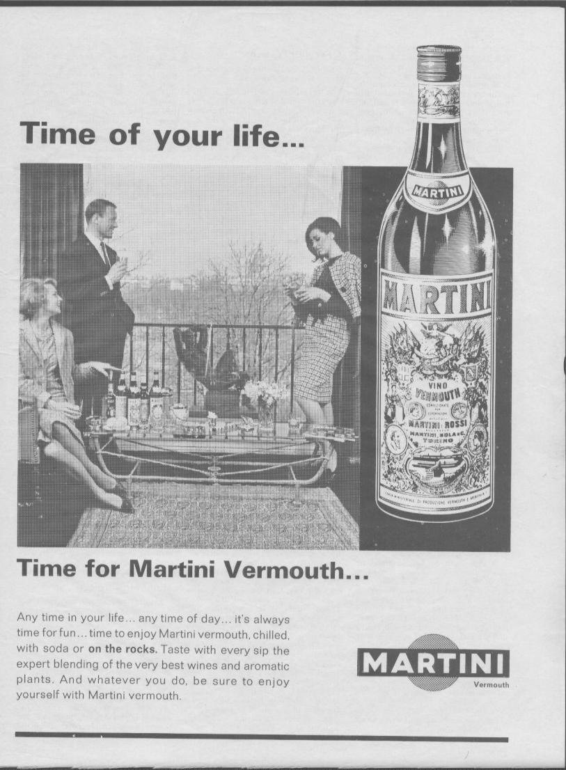 Vintage 1960s Martini Vermouth original print advertisement, black and white balcony cocktail party scene with large Martini Rossi bottle illustration