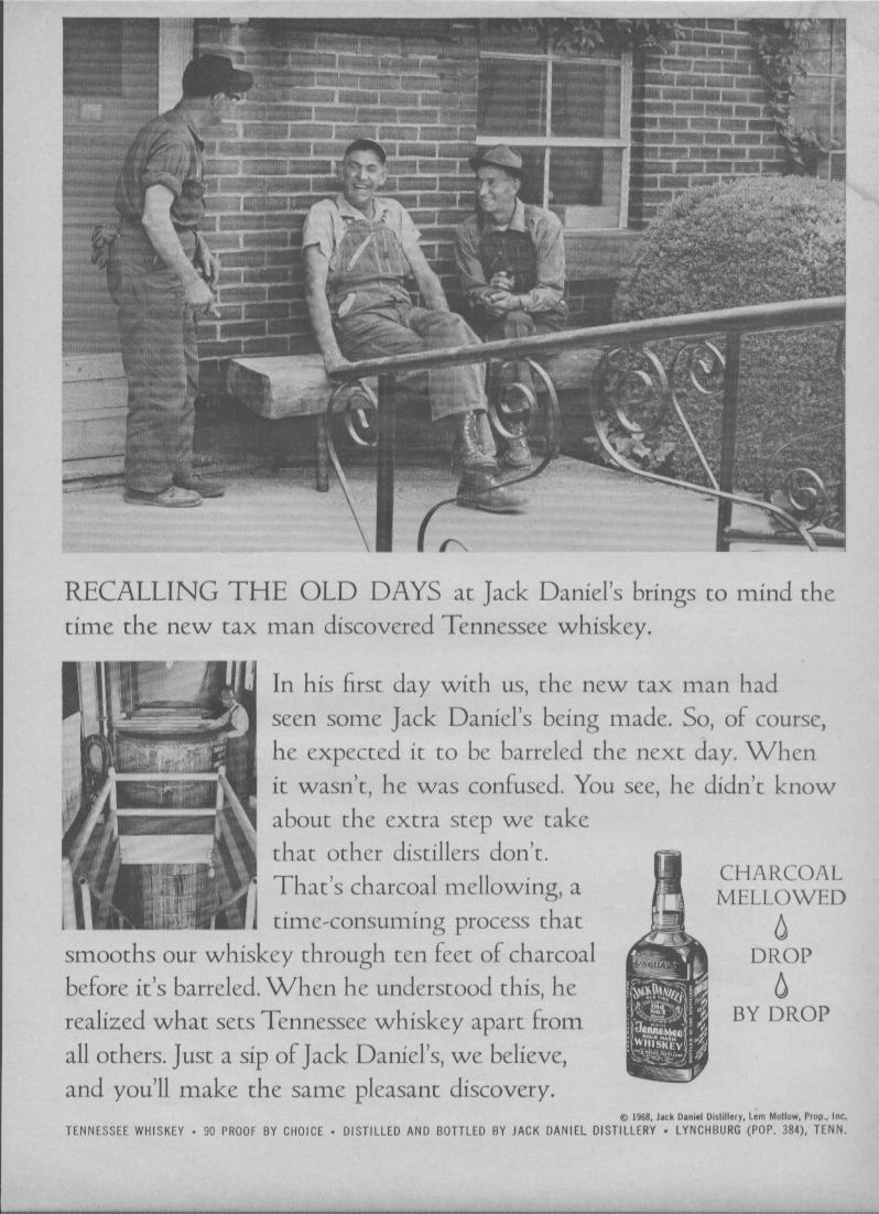 Vintage 1968 Jack Daniel's Tennessee Whiskey original print advertisement, black and white photo of distillery workers on a porch with bottle and charcoal mellowing copy