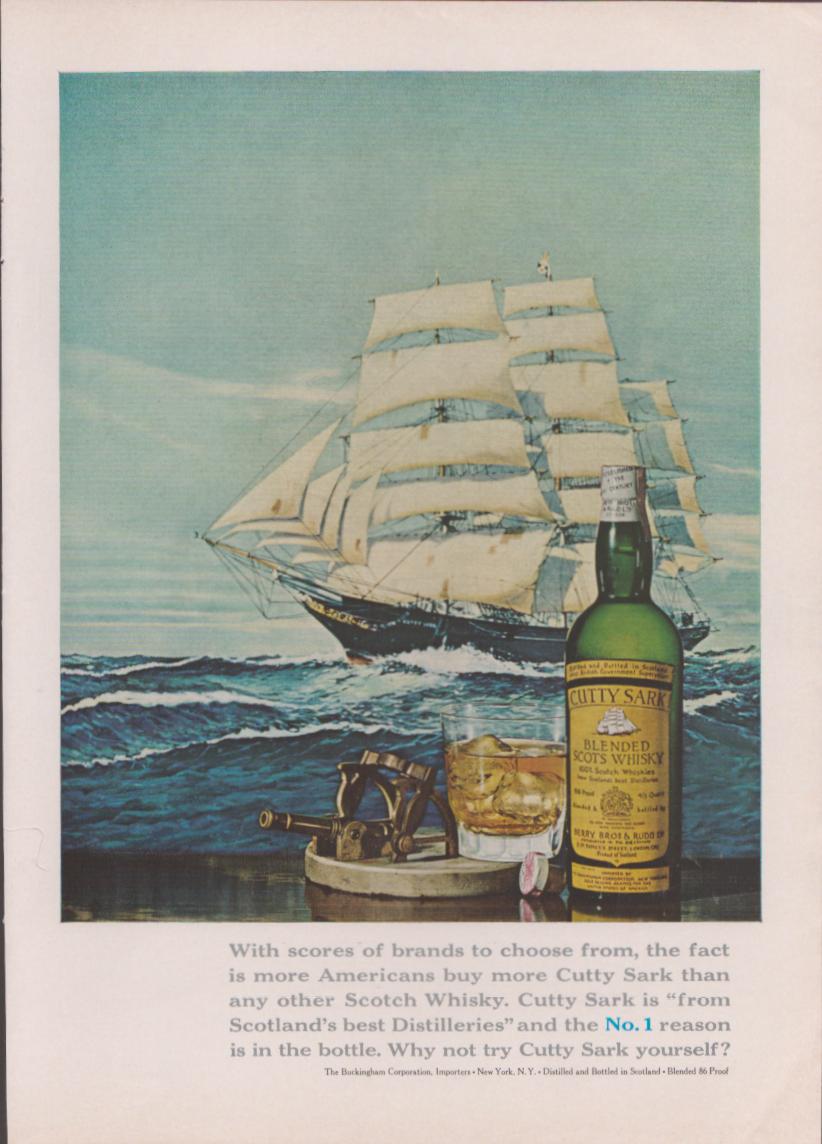 Vintage 1965 Cutty Sark Blended Scotch Whisky original print advertisement, dramatic clipper ship under full sail with green bottle and rocks glass in foreground