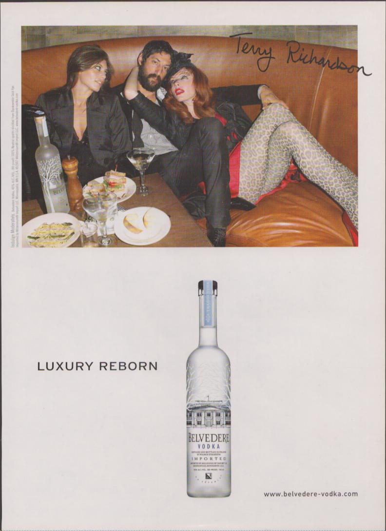 Vintage 2007 Belvedere Vodka original print advertisement, Terry Richardson-signed photo of three stylish figures on leather banquette with cocktails, 'Luxury Reborn' tagline and frosted vodka bottle below