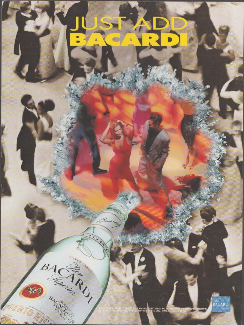 Vintage 1990s Bacardi Superior Silver Label original print advertisement, 'Just Add Bacardi' campaign with dramatic color-burst dance scene emerging from black-and-white ballroom