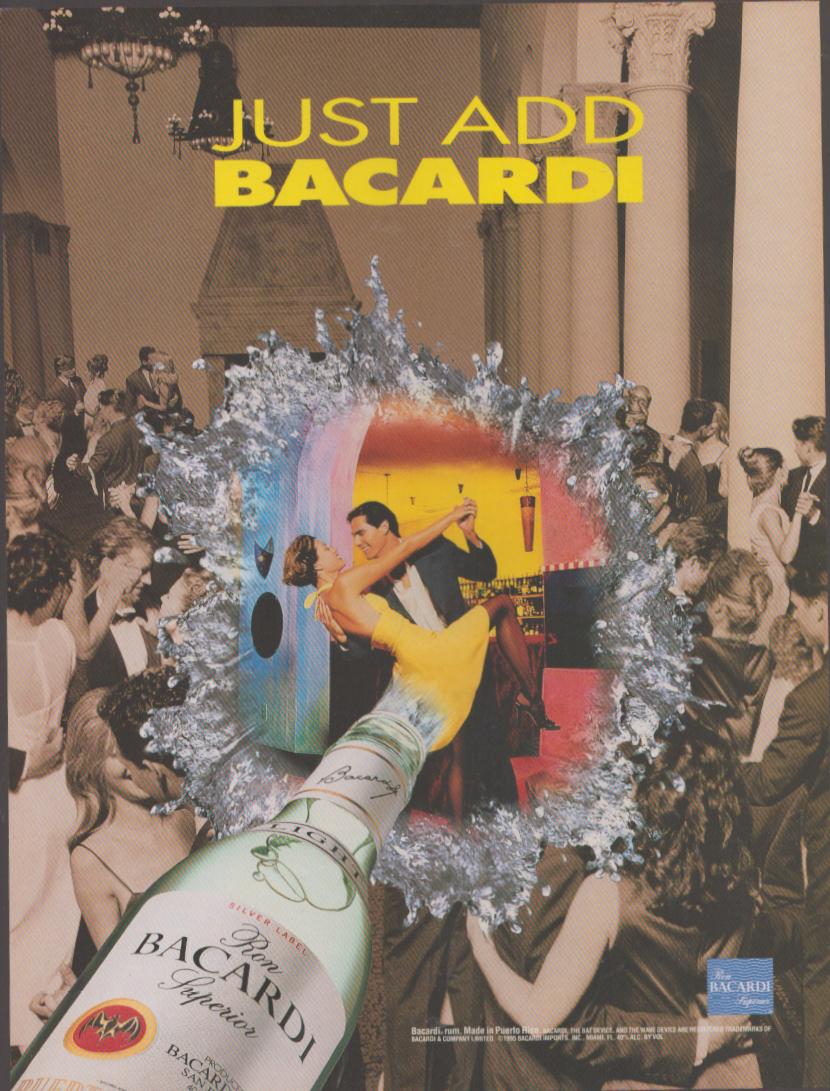 Vintage 1989 Bacardi Superior Rum original print advertisement, surrealist bottle splash revealing dancing couple in colorful bar scene against sepia ballroom crowd