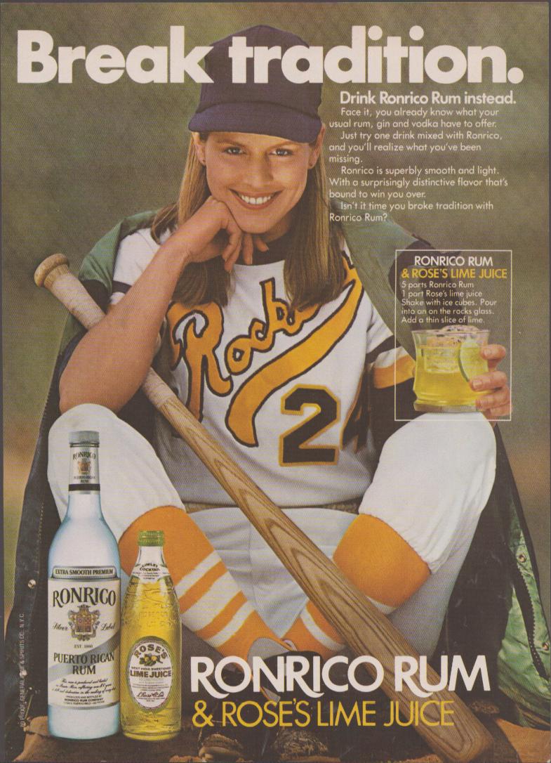 Vintage 1970s Ronrico Puerto Rican Rum original print advertisement, young woman in softball uniform holding rum cocktail with bat and glove, Break Tradition headline