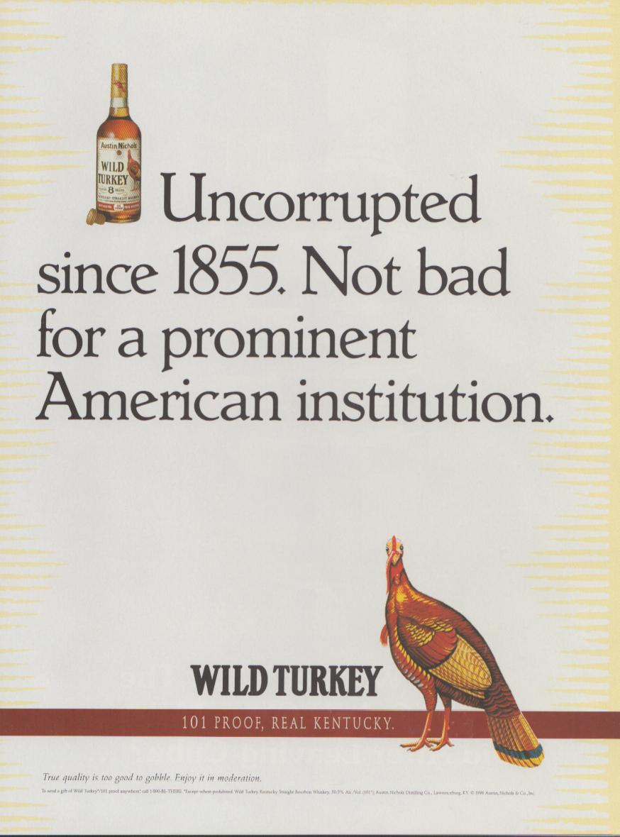 Vintage 1996 Wild Turkey Kentucky Straight Bourbon original print advertisement, cream background with bold typography, Wild Turkey bottle and illustrated turkey bird, 101 Proof Real Kentucky tagline