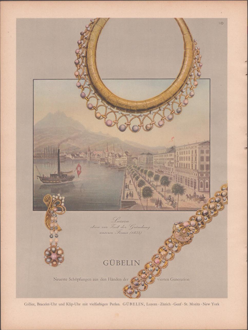 Vintage 1950s Gübelin pearl jewelry original print advertisement, featuring a gold and multicolor pearl collier necklace, bracelet, and earrings arranged over a 19th-century illustration of Lucerne's lakefront