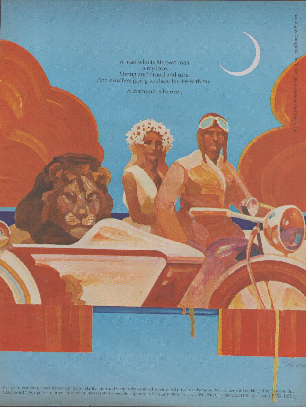 Vintage 1970 De Beers 'A Diamond Is Forever' original print advertisement, illustrated painting of couple on motorcycle with sidecar and lion under crescent moon