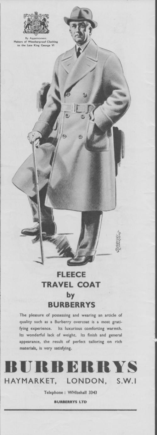 Vintage 1950s Burberrys Fleece Travel Coat original print advertisement, illustrated gentleman in belted double-breasted overcoat with walking stick and fedora, Royal Warrant seal, Haymarket London