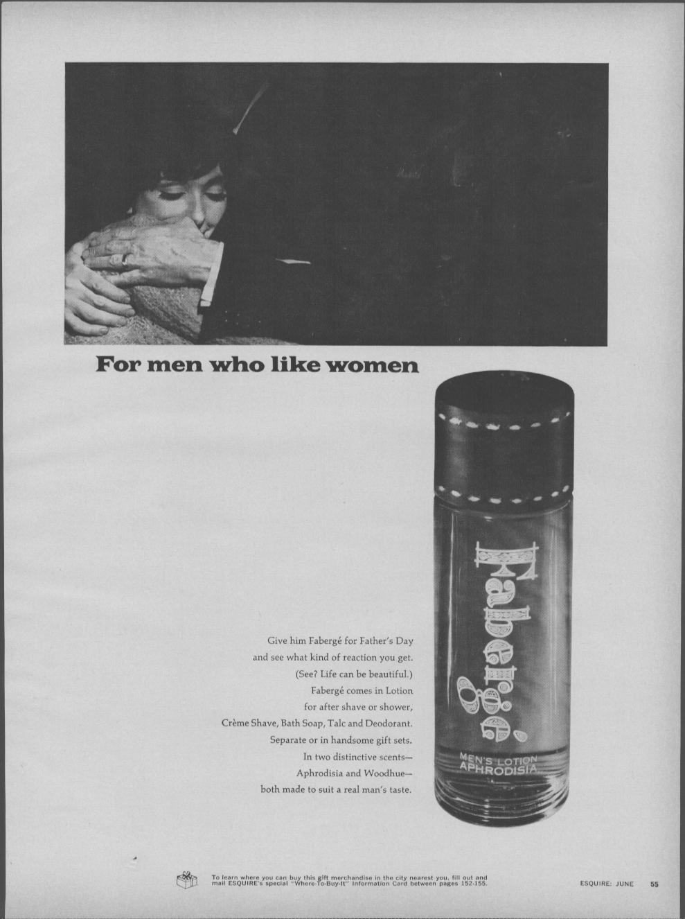 Vintage 1960s Fabergé Aphrodisia Men's Lotion original print advertisement, black and white photo of woman nuzzling man's wrist with product bottle and 'For men who like women' tagline