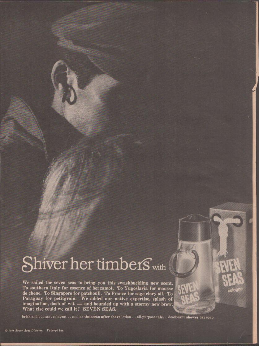 Vintage 1966 Seven Seas Fabergé cologne original print advertisement, dramatic black and white profile of a captain figure with hoop earring and cologne bottle product shot