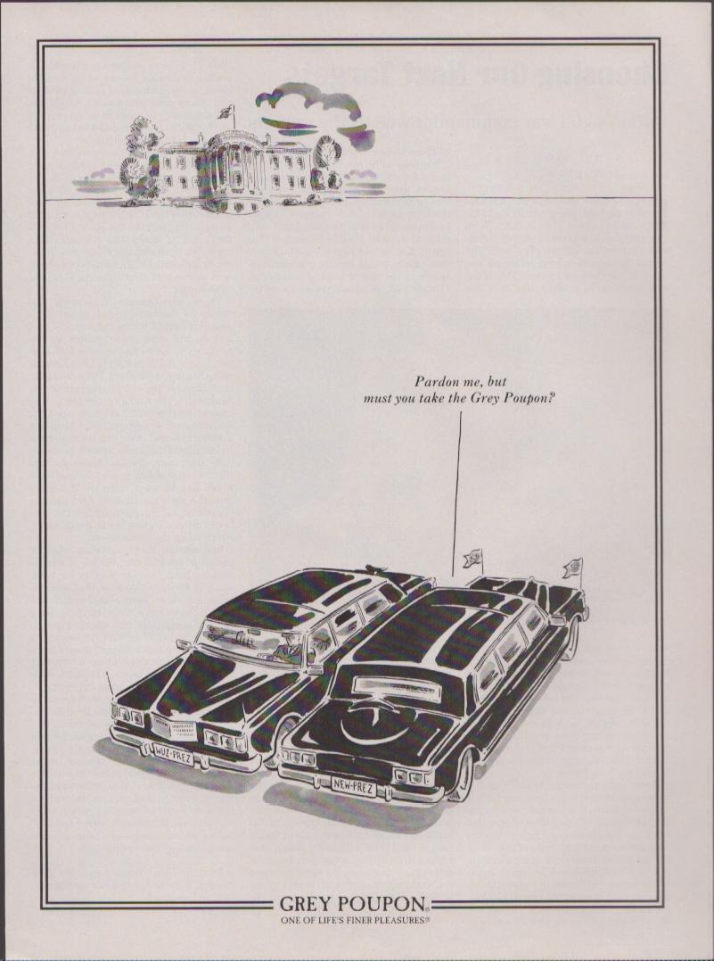 Vintage 1980s Grey Poupon original print advertisement, pen-and-ink illustration of two presidential limousines outside the White House with 'Pardon me, but must you take the Grey Poupon?' caption