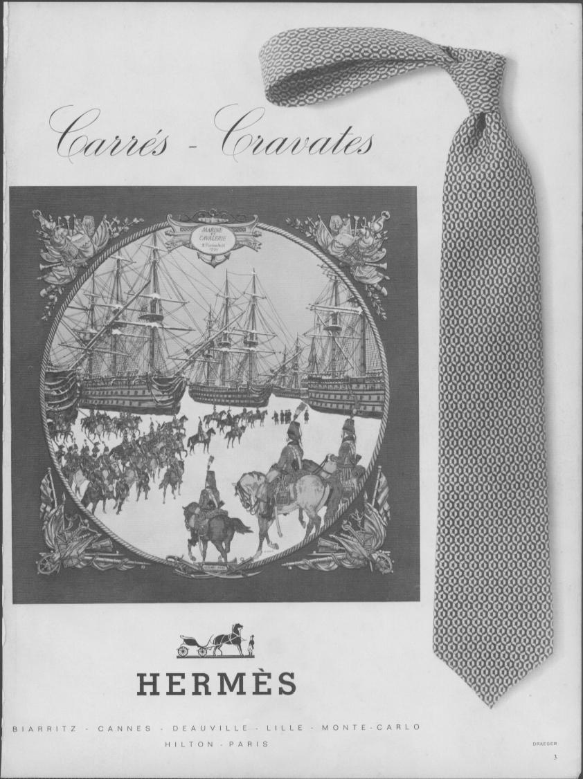 Vintage 1950s Hermès Carrés Cravates original print advertisement, black and white French ad featuring silk tie, equestrian naval medallion scene, and Duc carriage logo