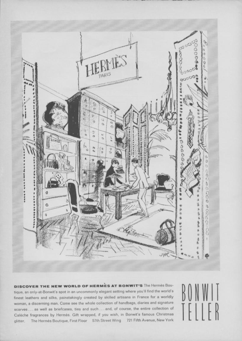 Vintage 1960s Hermès Paris original print advertisement, pen-and-ink illustration of elegantly dressed shoppers inside the Hermès boutique at Bonwit Teller, Fifth Avenue, New York