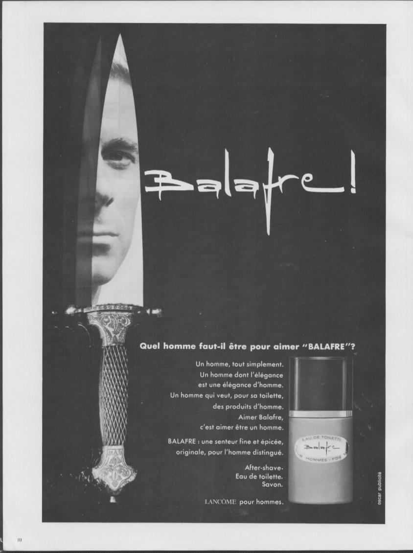 Vintage 1960s Lancôme Balafre original print advertisement, dramatic black and white image of a man's face reflected in an ornate dagger blade with product bottle shown
