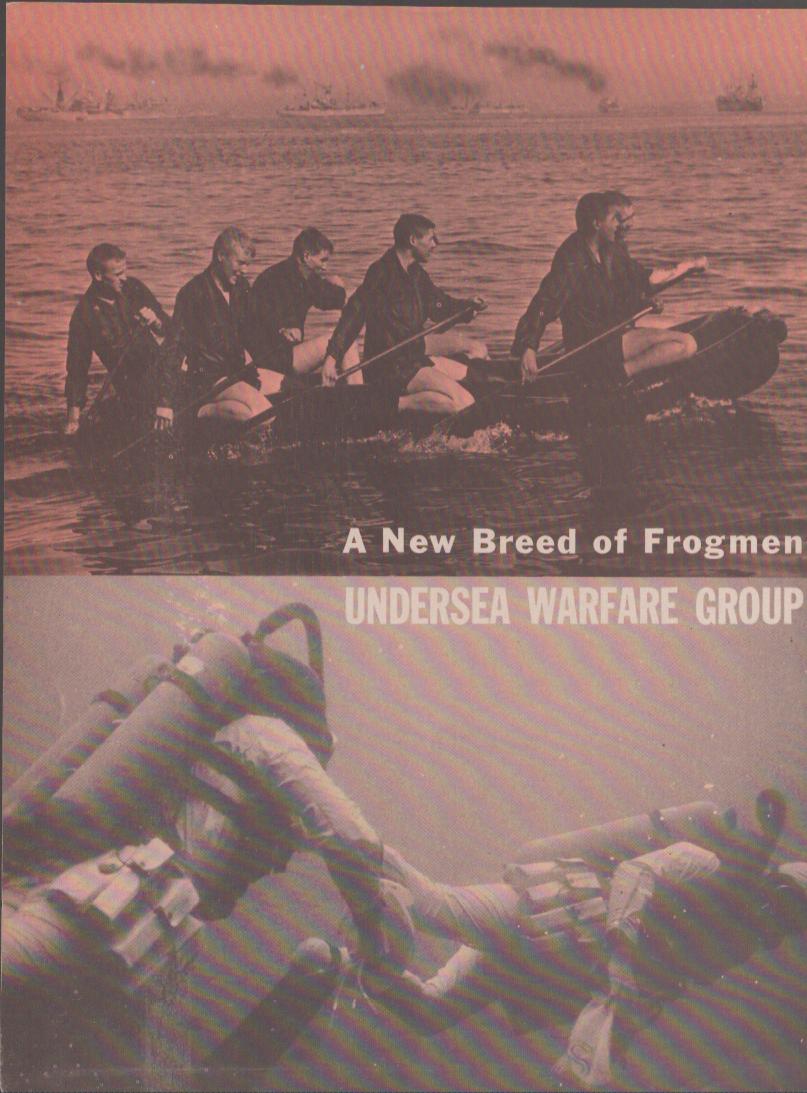Vintage 1960s U.S. Navy Undersea Warfare Group original print advertisement, two-panel image showing frogmen in rubber raft at dusk and close-up of combat diver in gear
