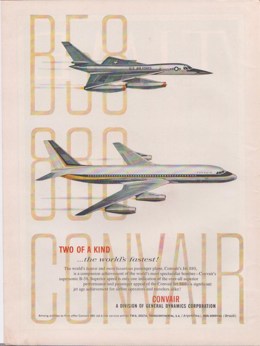 Vintage 1958 Convair B-58 Hustler and 880 Jetliner original print advertisement, side-profile illustrations of U.S. Air Force supersonic bomber and civilian jet above 'Two of a Kind' headline