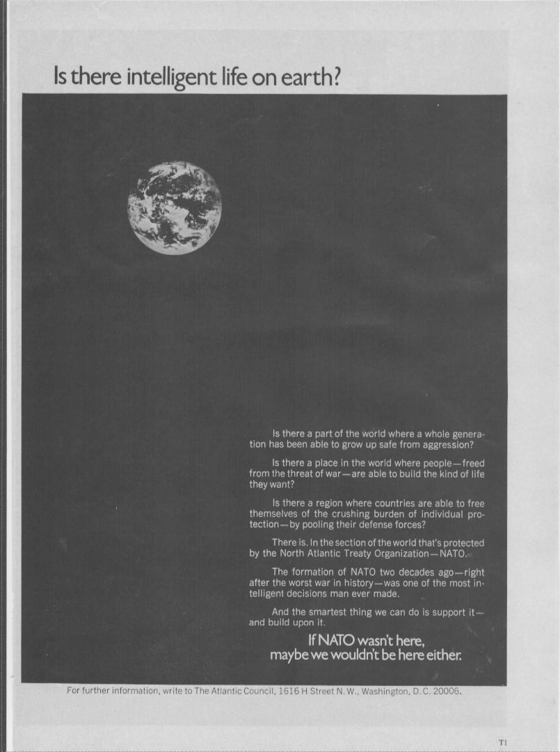 Vintage 1969 NATO Atlantic Council original print advertisement, black background with Earth from space and Cold War institutional copy asking 'Is there intelligent life on earth?'