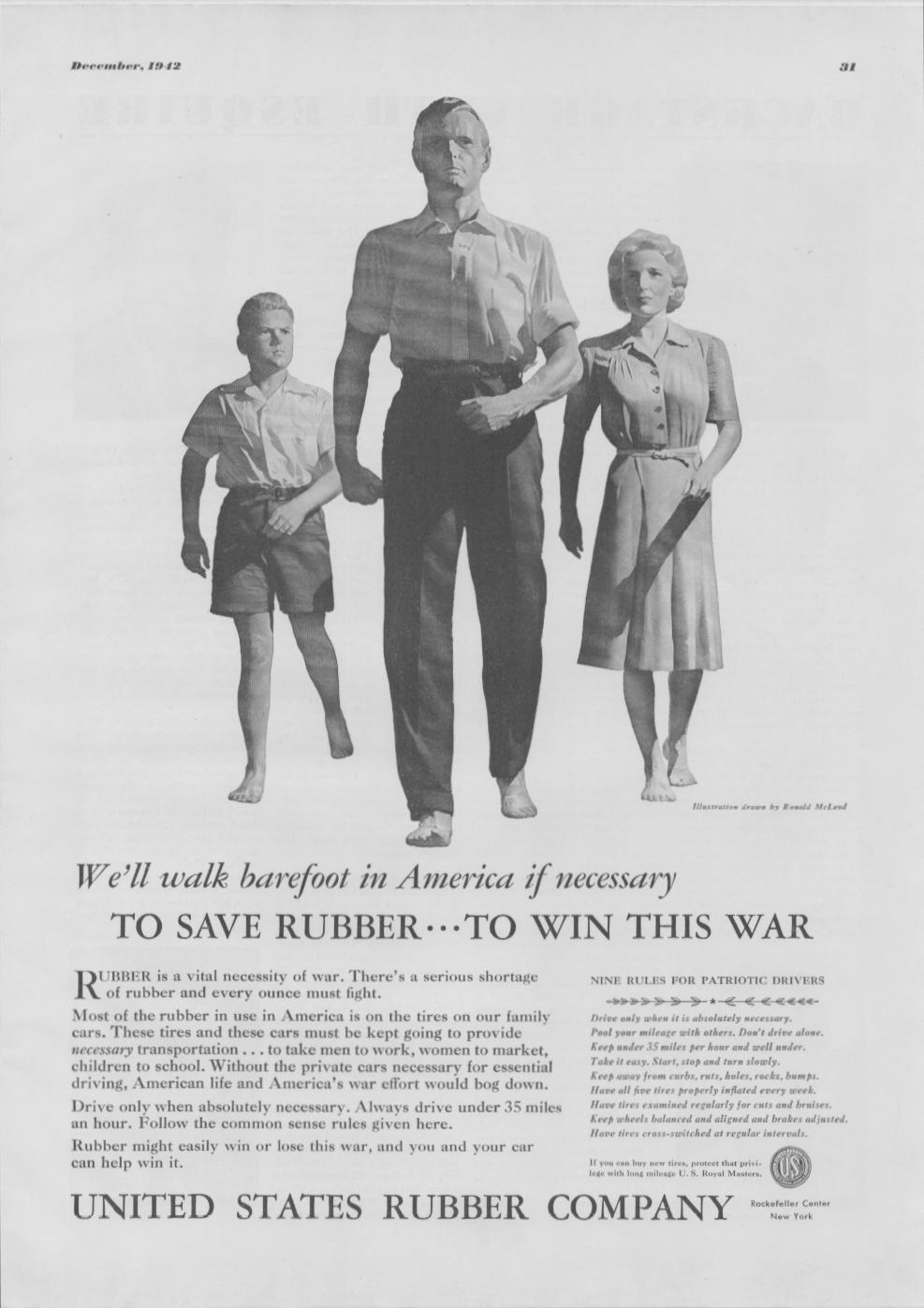 Vintage 1942 United States Rubber Company original print advertisement, black and white illustration of barefoot American family walking forward with wartime conservation headline