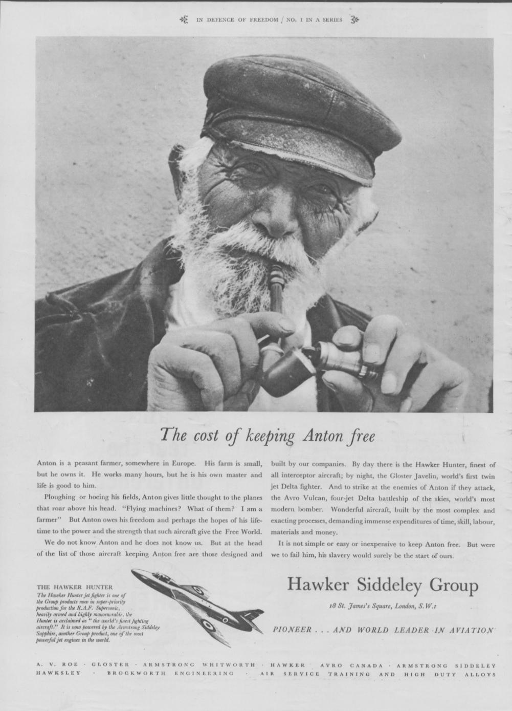 Vintage 1950s Hawker Siddeley Group original print advertisement, black and white photo of elderly European farmer Anton with Hawker Hunter jet illustration and 'In Defence of Freedom' Cold War campaign copy