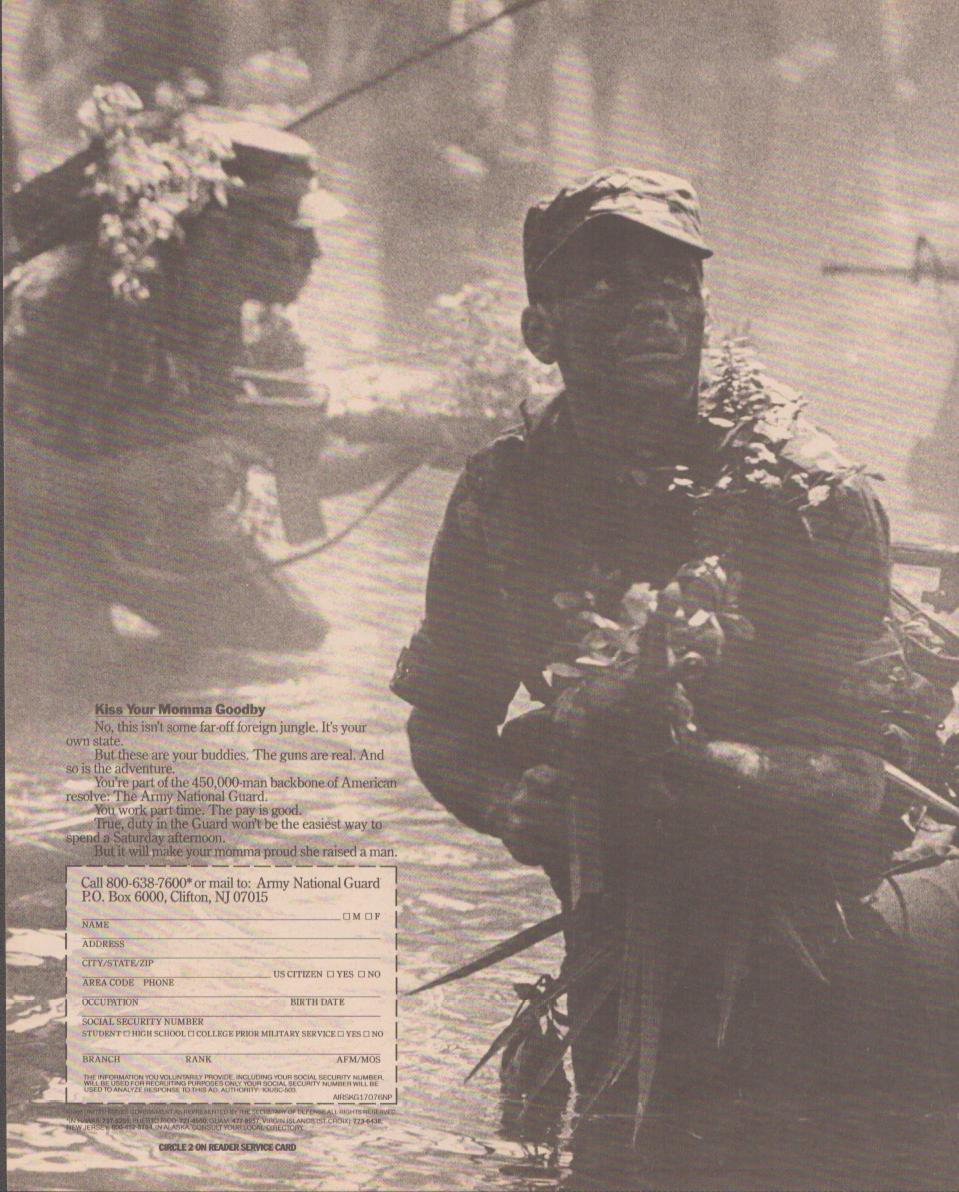 Vintage 1980s U.S. Army National Guard original print advertisement, black and white photo of camouflaged soldiers wading through jungle terrain with 'Kiss Your Momma Goodby' headline
