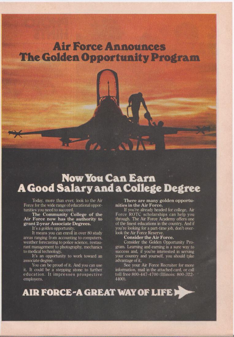 Vintage 1970s US Air Force Golden Opportunity Program original print advertisement, dramatic sunset silhouette of F-16 fighter jet with ground crew on tarmac