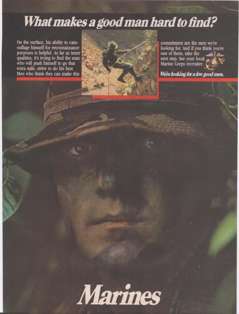 Vintage 1980s U.S. Marines original print advertisement, close-up of camouflaged Marine in boonie hat with inset rappelling image and 'Few Good Men' recruitment headline