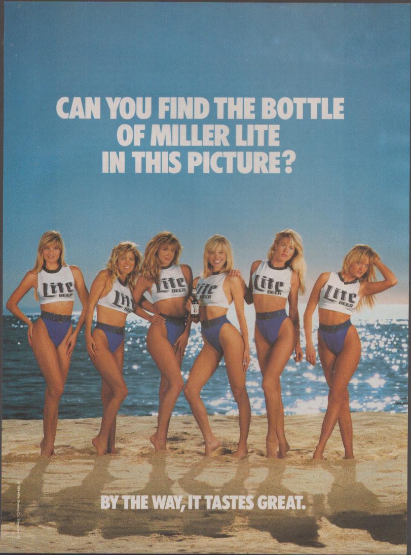 Vintage 1980s Miller Lite Beer original print advertisement, six models in Lite Beer branded swimwear posed on a sunny beach with hidden bottle gag headline