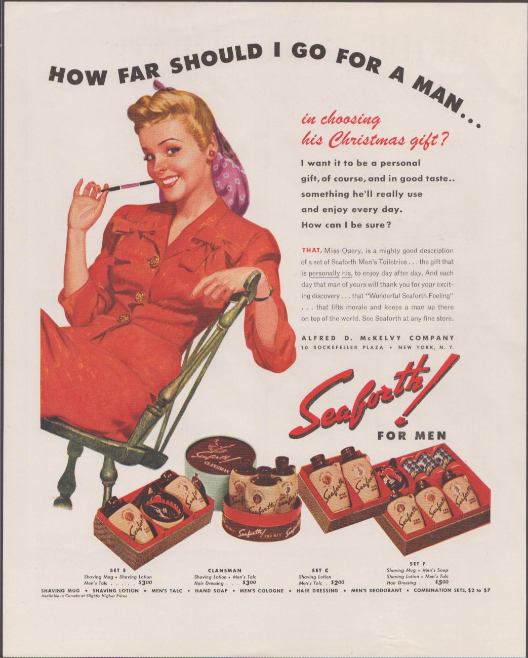 Vintage 1940s Seaforth For Men original print advertisement, illustrated pin-up blonde woman in red dress pondering Christmas gift selection with grooming gift sets displayed below