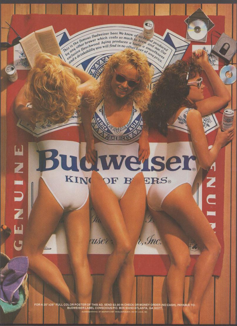 Vintage 1987 Budweiser King of Beers original print advertisement, aerial view of three women in Budweiser swimsuits lounging on a giant Bud label beach towel on a wooden deck