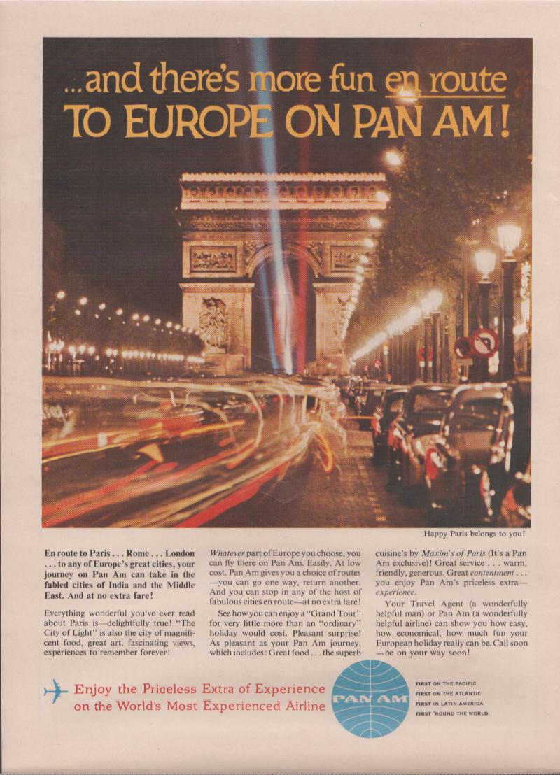 Vintage 1960s Pan Am original print advertisement, dramatic long-exposure night photograph of the Arc de Triomphe on the Champs-Élysées with light trails and the Pan Am globe logo