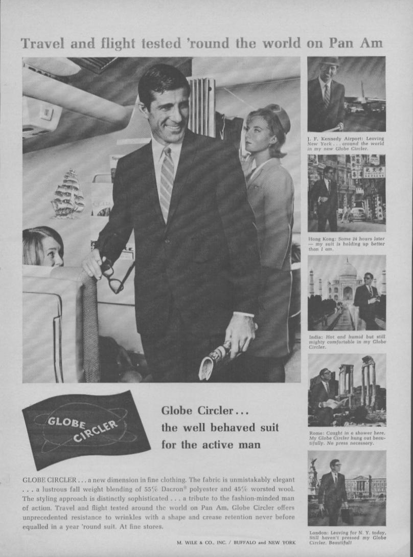 Vintage 1960s Globe Circler Pan Am original print advertisement, black and white image of sharply dressed man aboard Pan Am flight with destination vignettes including JFK, Hong Kong, India, Rome, and London