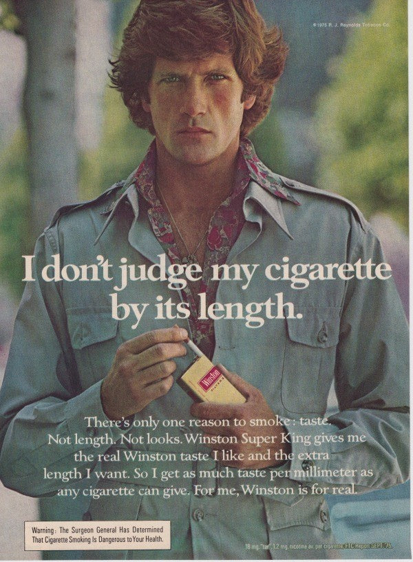 Vintage 1975 Winston Super King original cigarette advertisement, featuring man in stylish clothing with cigarette pack and lifestyle messaging