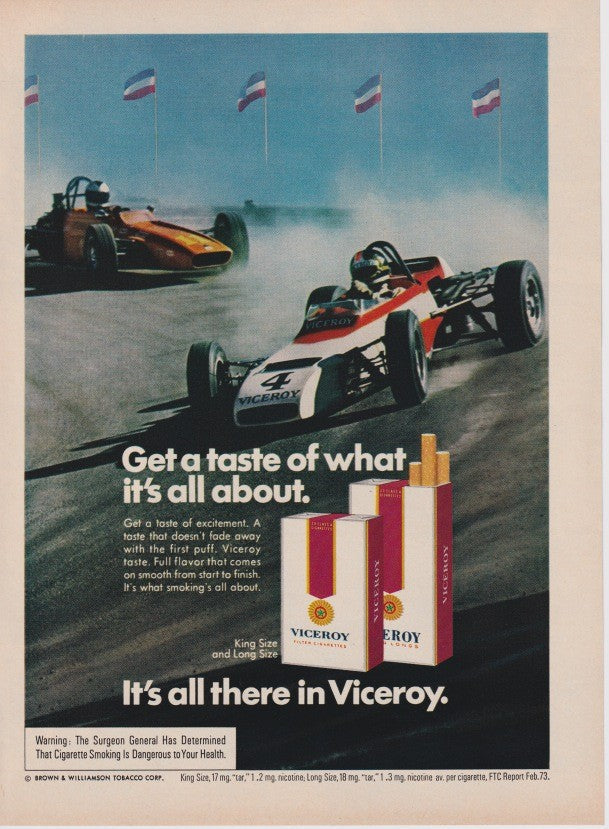 Vintage 1970s Viceroy cigarette original print advertisement, Formula One racing cars with international flags and cigarette packs