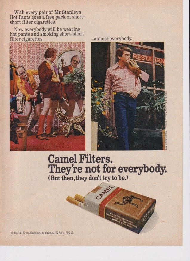 Vintage 1970s Camel Filters original cigarette advertisement, featuring contrasting scenes of people in hot pants and conservative dress with cigarette pack