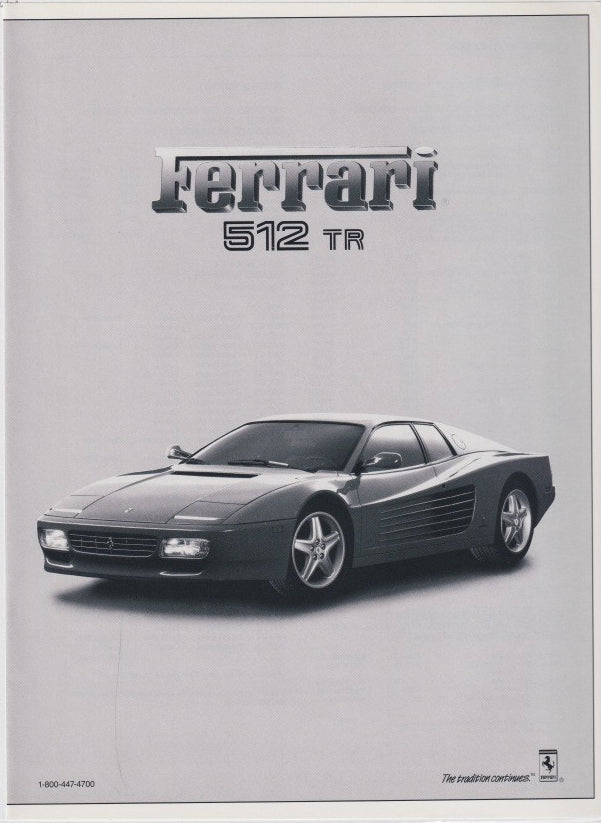 Vintage 1991 Ferrari 512 TR original print advertisement, silver sports car photographed against neutral background with Ferrari logo and model designation
